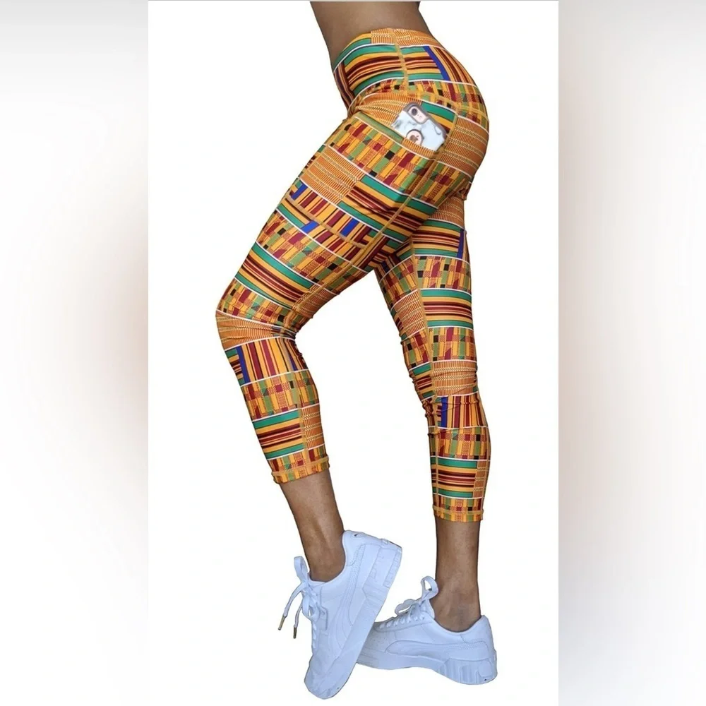 Washoge Esi Kente African Print High Waist Yoga Leggings with Pockets Small
